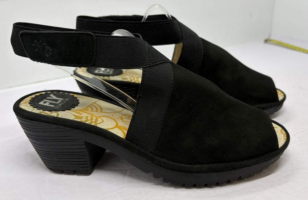 Fly London Wata Sandals Wedge Heels Black Suede Size 37 EU Leather Slingback